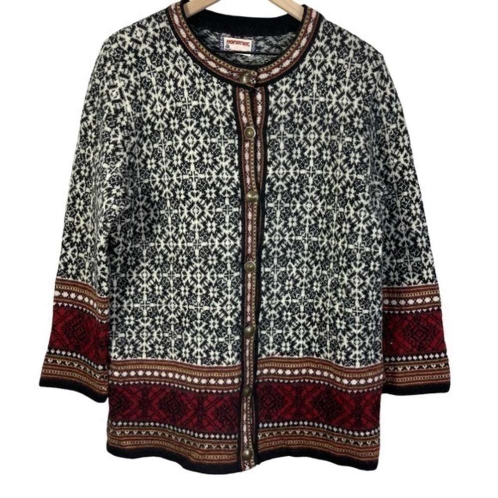 Vtg Norwear Wool Cardigan Sweater Fair Isle Knit Nordic Button up Size XL